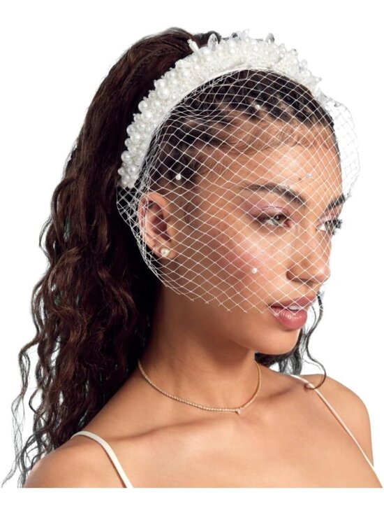 Elegant Pearl Beaded Bridal Headband with Birdcage Veil | Bachelorette & Wedding main image 6